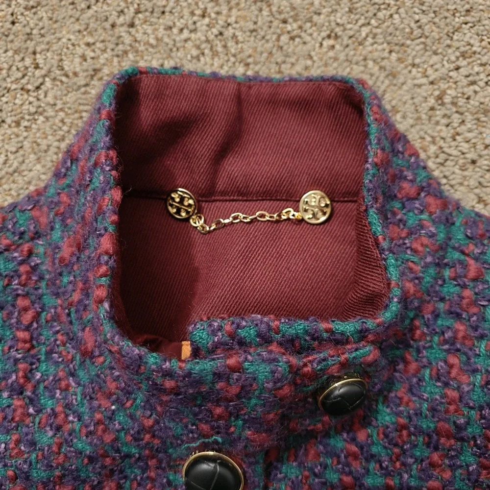 Tory Burch Burgundy Teal Tweed Frayed Trim Military Jacket Size‎ 4 Logo Buttons